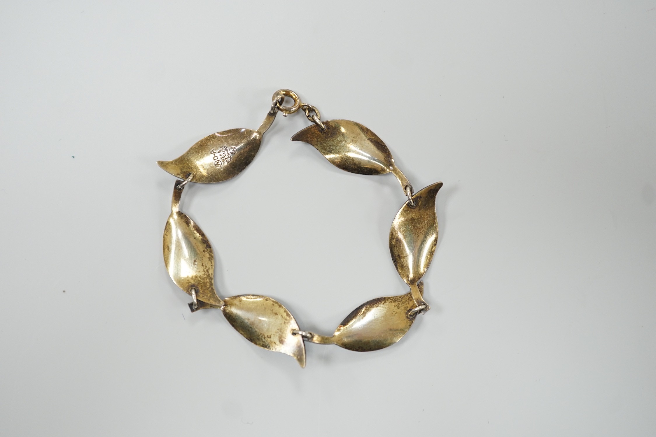 A 20th century Norwegian 925 sterling and blue enamel set leaf bracelet, by David Andersen, 16.5cm.